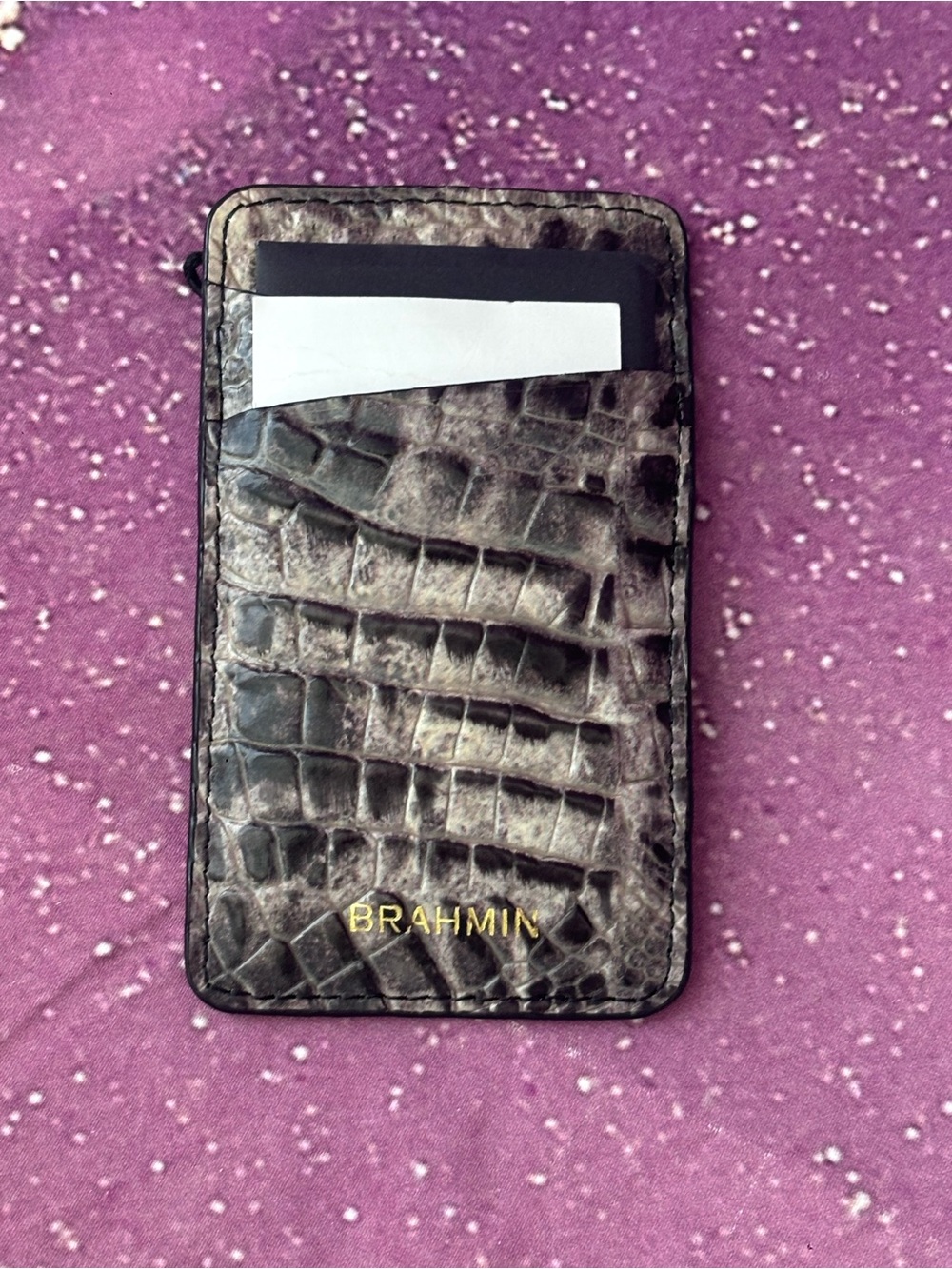 Brahmin Croc-Embossed Leather Card Sleeve in Gray and Brown